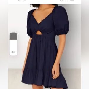 Cinq a sept Navy dress with ruffle detail on sleeves and cut out